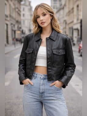 DKNY Cropped Faux Leather Jacket | Size Large